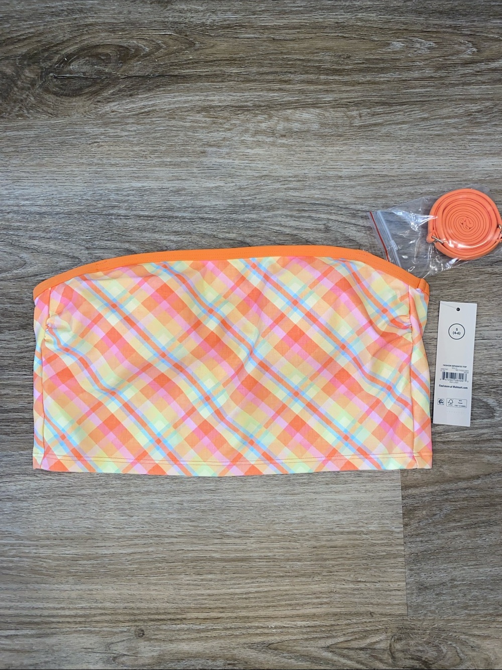 No Boundaries Orange and Pink Plaid Bandeau Bikini Top